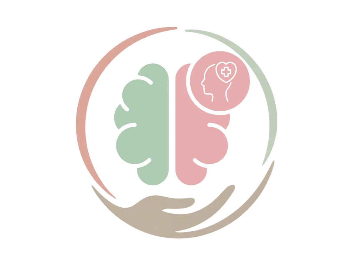Símbolo da reabilitação neuropsicológica na Clínica Bellare: um cérebro com o perfil de uma cabeça e um coração, envolvido por uma mão