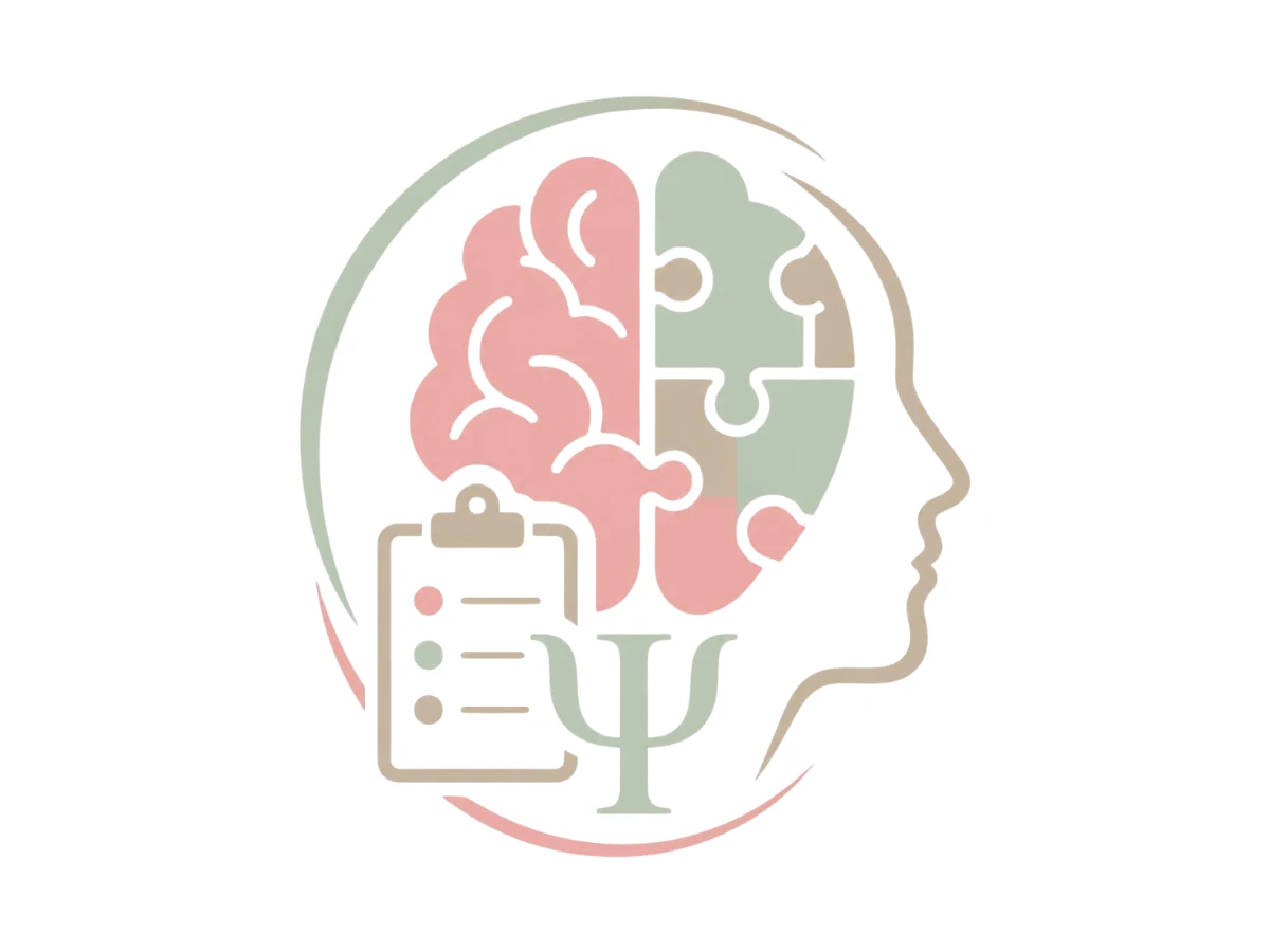 Ilustração das triagens da Clínica Bellare: perfil de uma cabeça com um cérebro em peças de quebra-cabeça, uma prancheta com lista e a letra grega psi